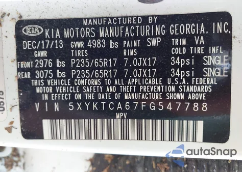 2015 Kia Sorento Lx z USA, uszkodzony, nr VIN 5XYKTCA67FG547788